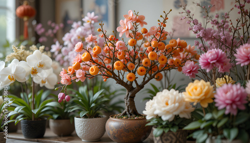 Wallpaper Mural Vibrant display of ornamental flowers and orange trees for festive decor
 Torontodigital.ca