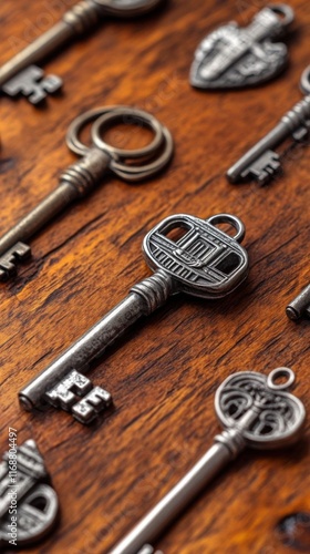 Collection of vintage keys laid on wood. photo