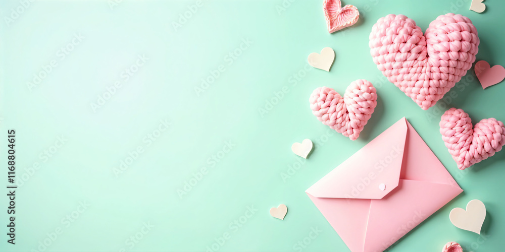 A soft pink background with a pink envelope in the center, surrounded by small pink hearts, conveying love, affection and a heartfelt message. Valentine's Day. A soft pink background with a pink envelope in the center, surrounded by small pink hearts, conveying love, affection and a heartfelt message. Valentine's Day.