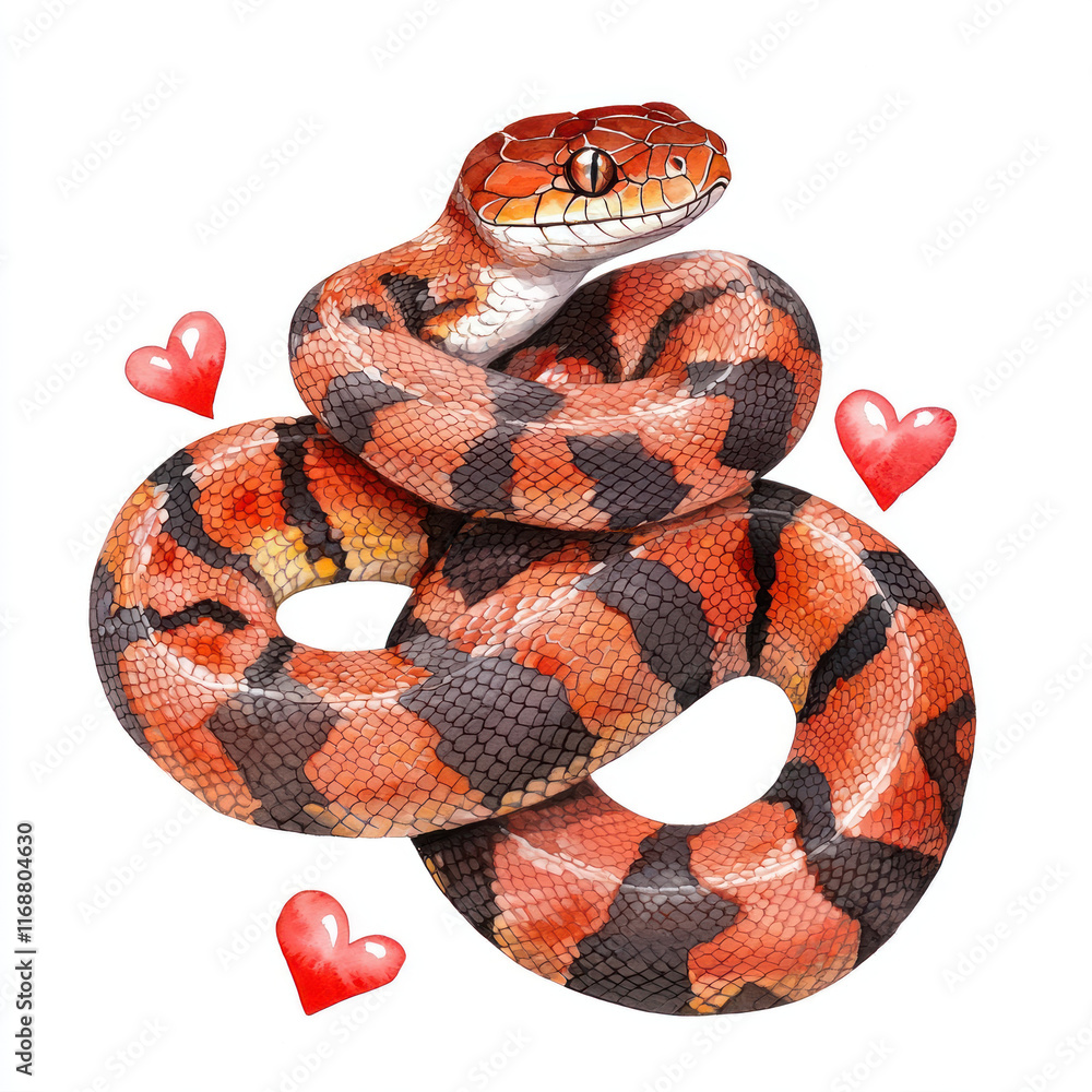 Obraz premium Chubby snake illustration with hearts, showcasing vibrant colors and charm