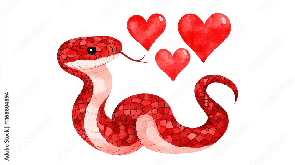 Fototapeta premium Watercolor illustration of chubby snake blowing hearts, expressing love