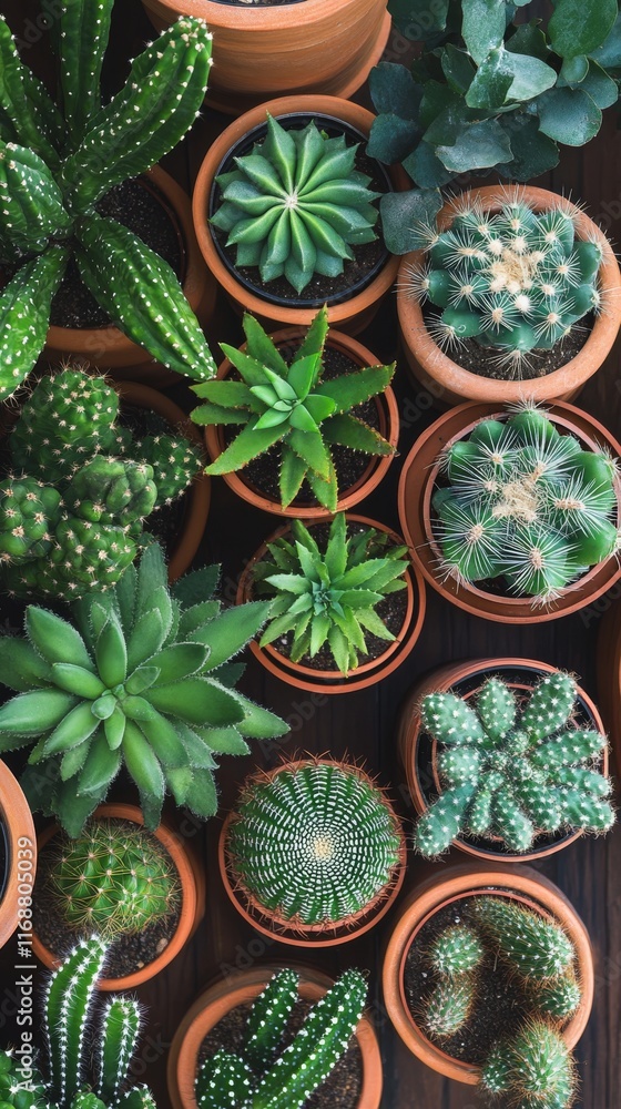 Elevated Elegance: Top View of Cacti in Terracotta Pots with Vibrant Green Shades and Earthy Tones Elevated Elegance: Top View of Cacti in Terracotta Pots with Vibrant Green Shades and Earthy Tones
