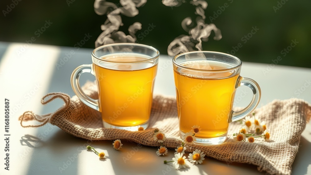 Two Cups of Steaming Herbal Tea Resting on a Rustic Burlap Placemat with Scattered Daisies Two Cups of Steaming Herbal Tea Resting on a Rustic Burlap Placemat with Scattered Daisies