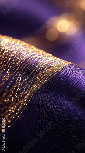 Beautiful golden thread on purple fabric.