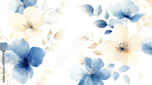 Elegant Watercolor Floral Design Featuring Blue and Cream Flowers Against a Soft White Background for Various Creative Uses