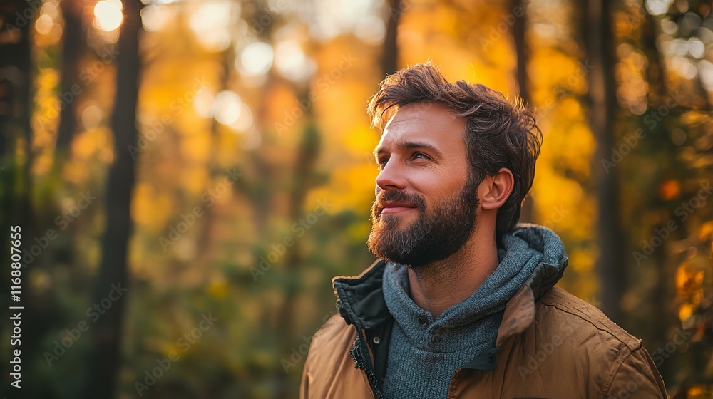 A man with a beard and a gray hoodie is smiling in a forest. Scene is cheerful and relaxed A man with a beard and a gray hoodie is smiling in a forest. Scene is cheerful and relaxed