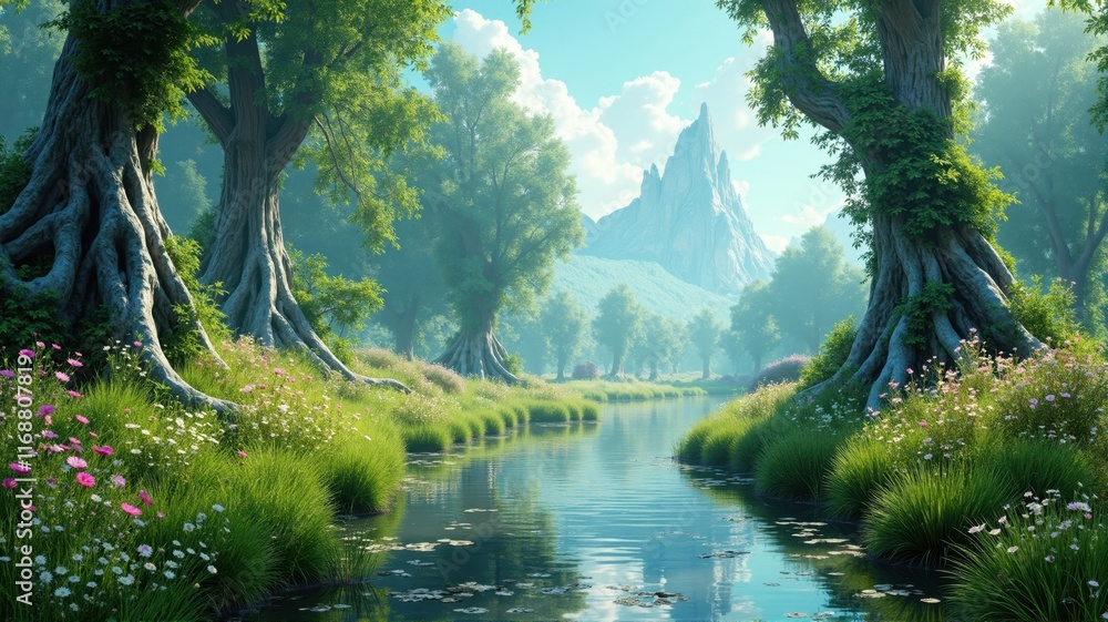 Magical river flows through lush green forest with majestic mountain peak