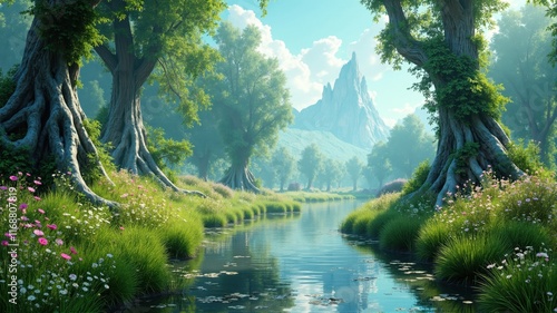 Obraz na płótnie Magical river flows through lush green forest with majestic mountain peak w salonie