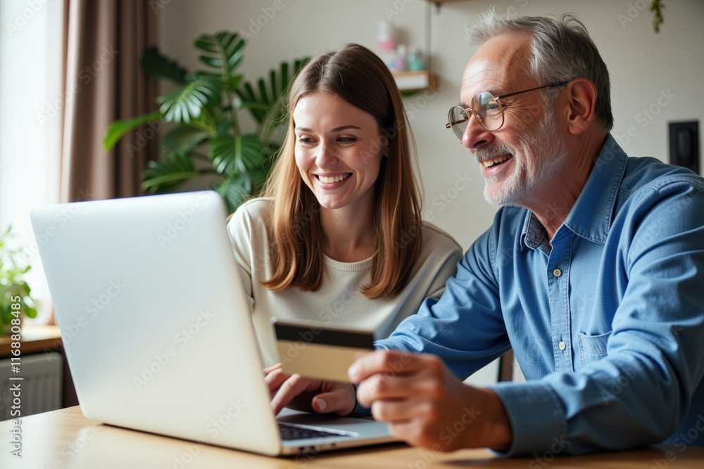 Smiling Senior Man and Young Woman Collaborating on Laptop in Cozy Home Office Setting, Perfect for Business and Family Photos Smiling Senior Man and Young Woman Collaborating on Laptop in Cozy Home Office Setting, Perfect for Business and Family Photos