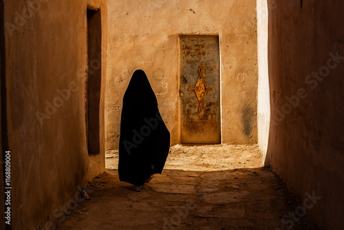 Alley somewhere in Morocco with a traditionally dressed person photographed unrecognizably from the back.