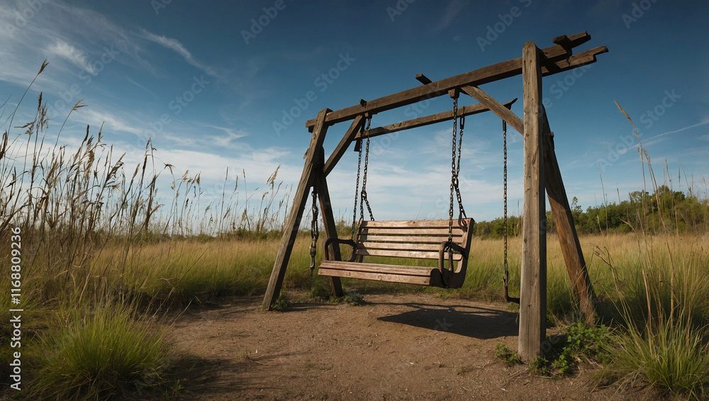 a swing is sitting in the middle of a field a swing is sitting in the middle of a field
