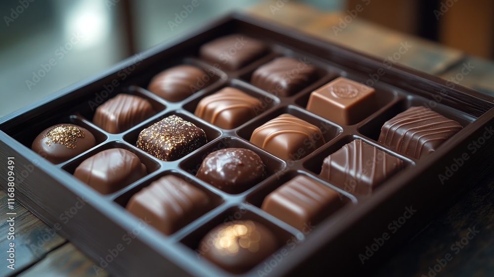Assorted chocolates in a box on a wooden table. Assorted chocolates in a box on a wooden table.