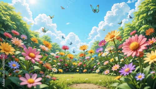 Playful garden with colorful cartoon flowers and animated butterflies under a bright blue sky