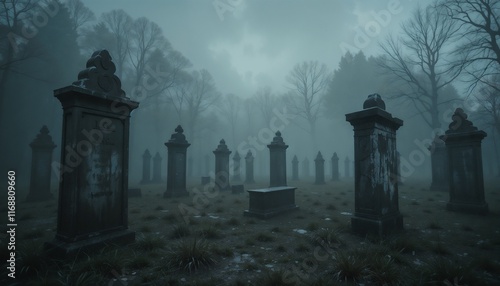 Foggy graveyard with weathered tombstones and looming shadows evoking a chilling atmosphere photo