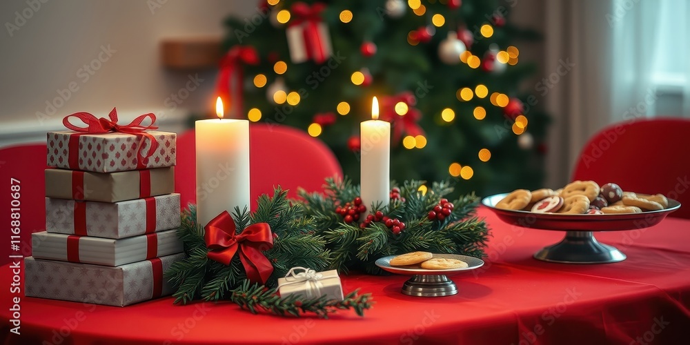 A Festive Christmas Table Setting with Gifts and Candles A Festive Christmas Table Setting with Gifts and Candles
