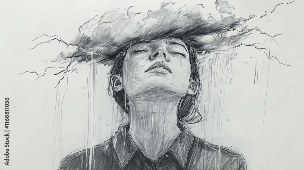 Fototapeta premium Pencil Sketch of a person with a storm of thoughts overhead, lightning and rain