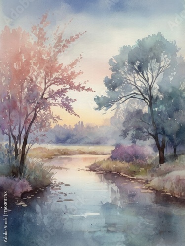 Serene Watercolor Landscape with Trees and Soft Reflections