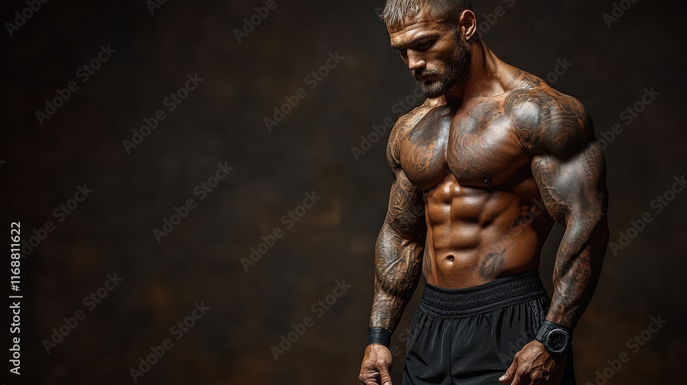 Muscular male athlete with tattoos posing in a dramatic lighting setting, showcasing strength, physique, and dedication, with a focus on physical fitness and body art. Muscular male athlete with tattoos posing in a dramatic lighting setting, showcasing strength, physique, and dedication, with a focus on physical fitness and body art.