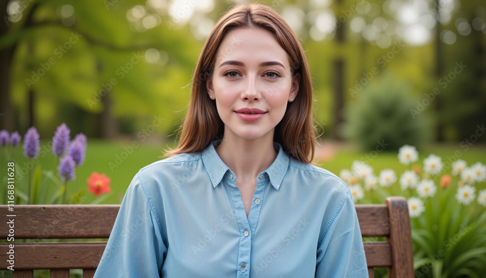 Smiling woman in button-up shirt sitting in spring garden, seasonal style Smiling woman in button-up shirt sitting in spring garden, seasonal style
