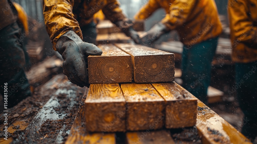 Workers handling wooden beams construction site. Workers handling wooden beams construction site.