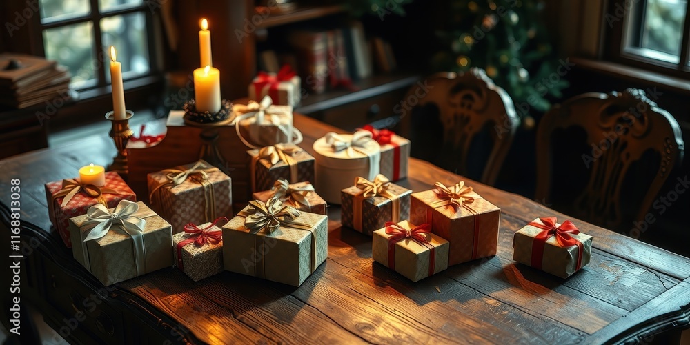 A table filled with festively wrapped presents, illuminated by candlelight, creates a warm and inviting holiday atmosphere. A table filled with festively wrapped presents, illuminated by candlelight, creates a warm and inviting holiday atmosphere.