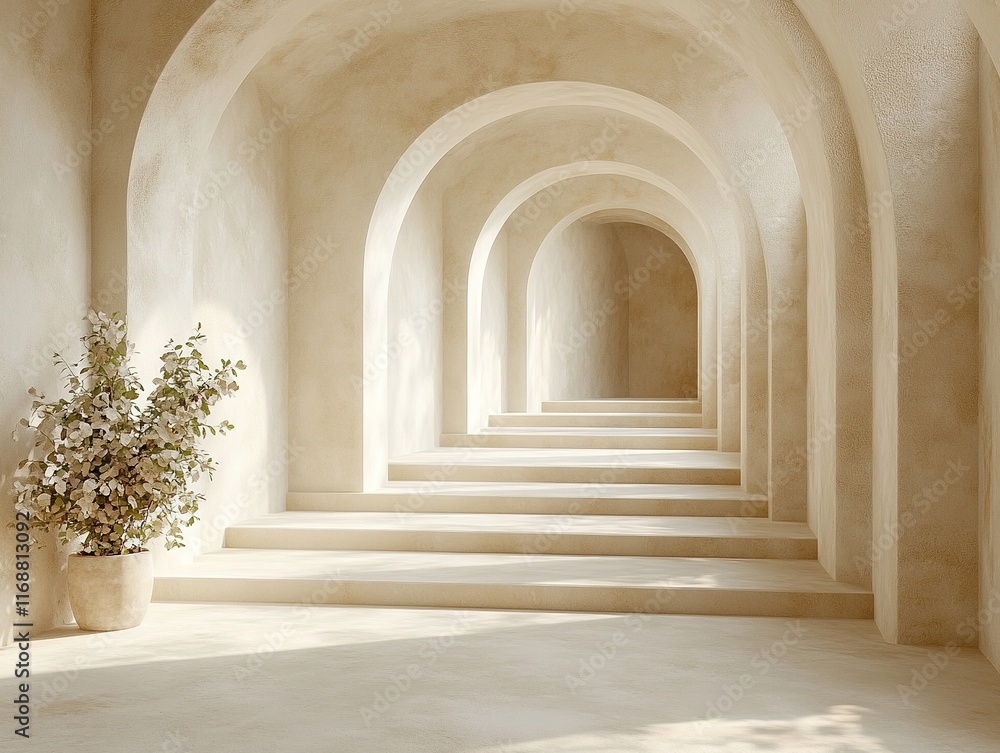 Fototapeta premium Serene beige archway corridor with potted plant.