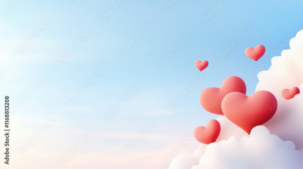 A blue sky with clouds and red hearts floating in the sky A blue sky with clouds and red hearts floating in the sky