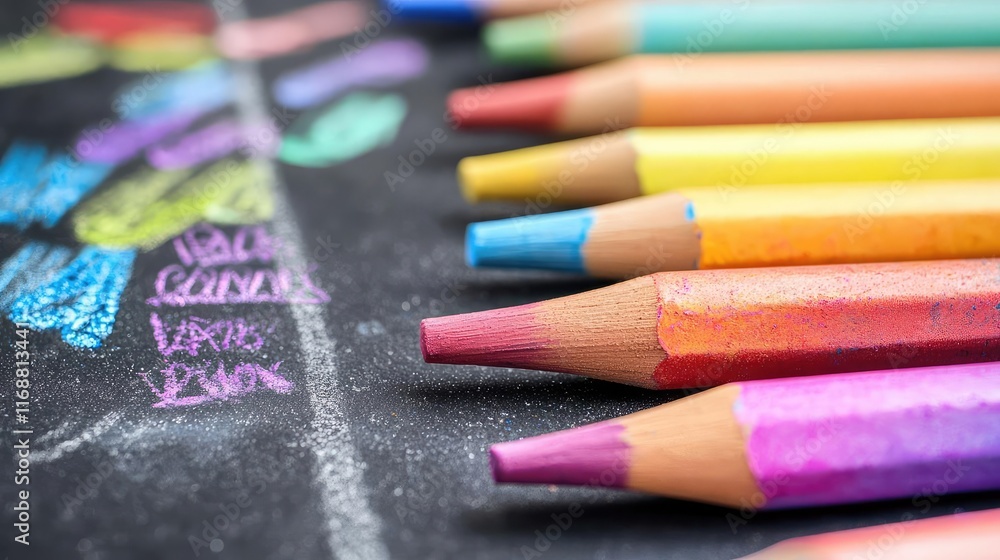 Chalkboard abstract background idea. Vibrant colored pencils lined up, creating a rainbow of creativity on a chalkboard. Chalkboard abstract background idea. Vibrant colored pencils lined up, creating a rainbow of creativity on a chalkboard.