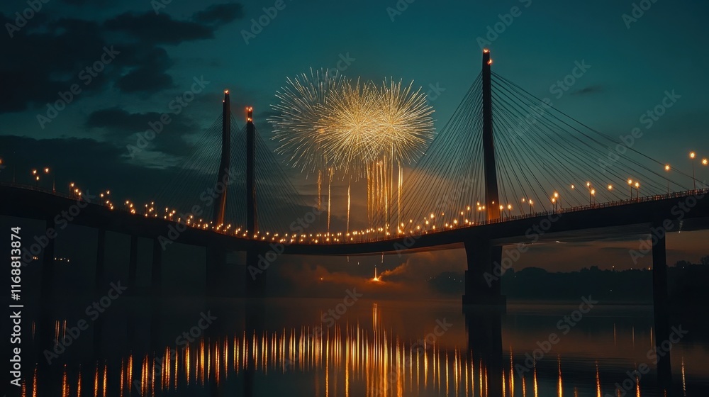 Fototapeta premium Fireworks Display Over Modern Bridge Reflected in Calm Water