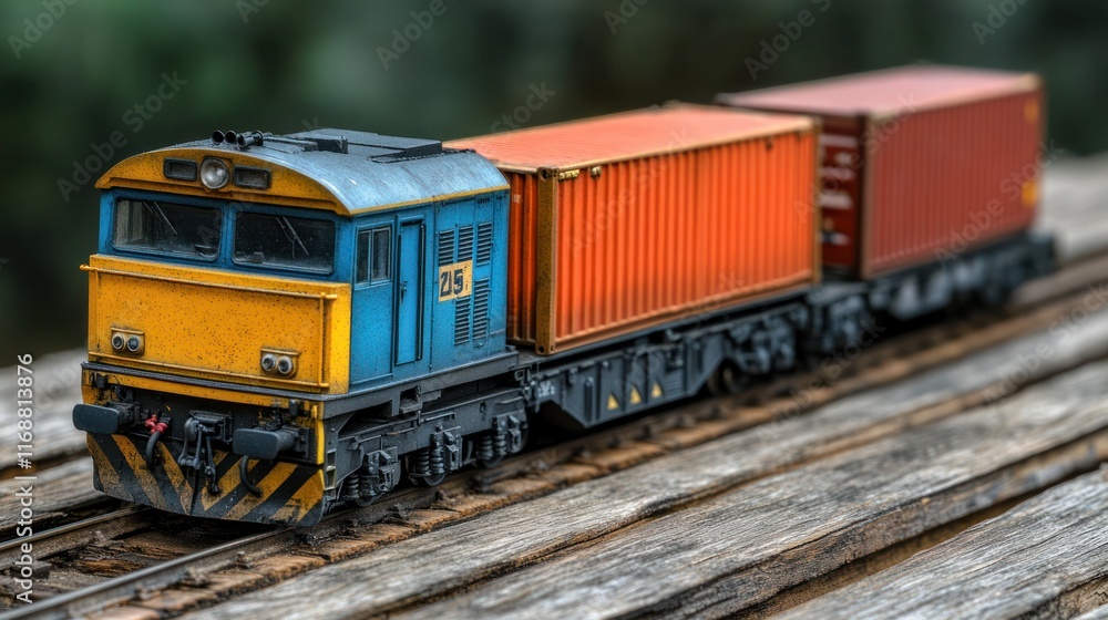 Blue and yellow model train with orange containers on wooden tracks. Blue and yellow model train with orange containers on wooden tracks.