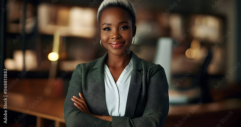 Fototapeta premium Smile, business and portrait of black woman in office with confidence for corporate career. Happy, night and professional African female attorney with positive attitude and pride for legal job.