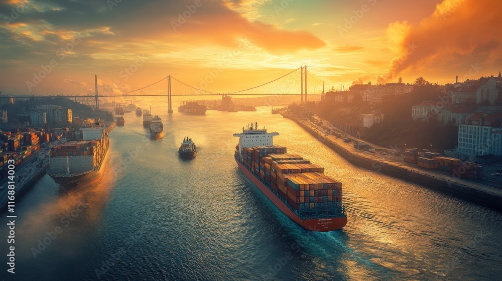 Sunset Over Port with Cargo Ships Navigating through Waterway Sunset Over Port with Cargo Ships Navigating through Waterway