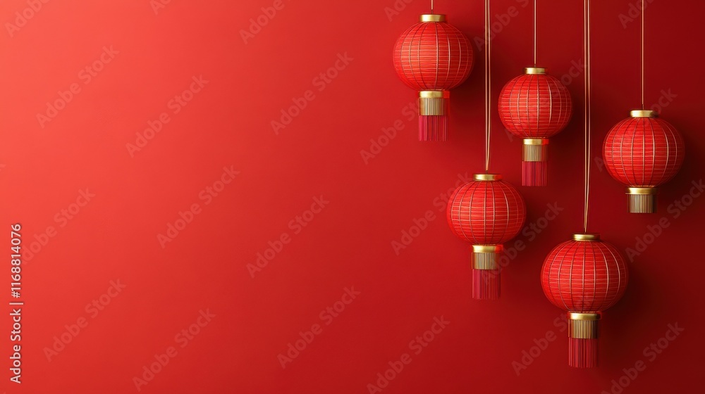 A red background with five red lanterns hanging from the ceiling A red background with five red lanterns hanging from the ceiling