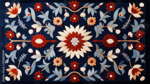 A blue and red floral rug with a flowery design