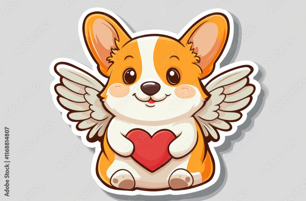 Obraz premium Adorable corgi dog with angel wings smiles happily while holding a red heart. The playful character radiates joy and charm against a light gray background.