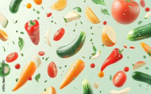 Colorful Floating Vegetables and Fruits Against a Soft Green Background, Showcasing Organic Freshness, Culinary Inspiration, and Vibrant Nutrition Variety for Stock Imagery