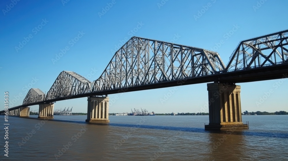 Naklejka premium Majestic Steel Truss Bridge Over River Under Clear Blue Sky
