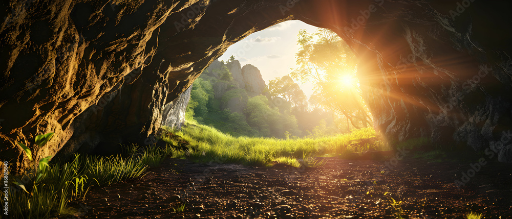 Obraz premium Beautiful Sunset Illuminating a Lush Green Landscape Through a Cave Entrance with Natural Sunburst Effect