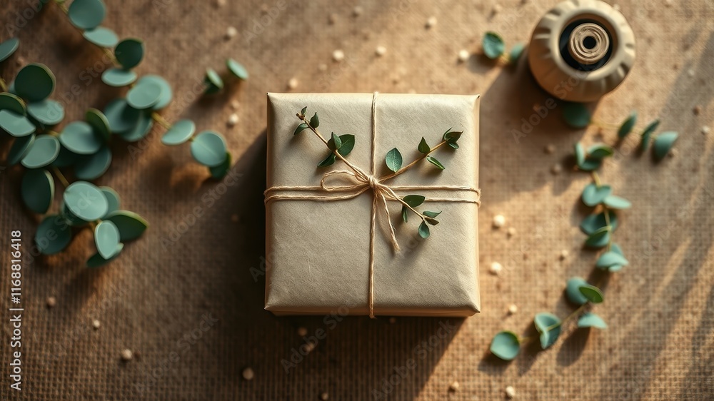 A thoughtfully wrapped gift, adorned with sprigs of eucalyptus, rests on a textured surface, bathed in sunlight. A thoughtfully wrapped gift, adorned with sprigs of eucalyptus, rests on a textured surface, bathed in sunlight.