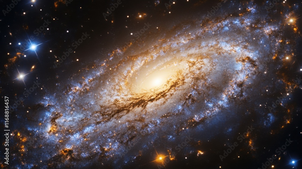 Fototapeta premium Spiral galaxy with bright center surrounded by dust and stars in space