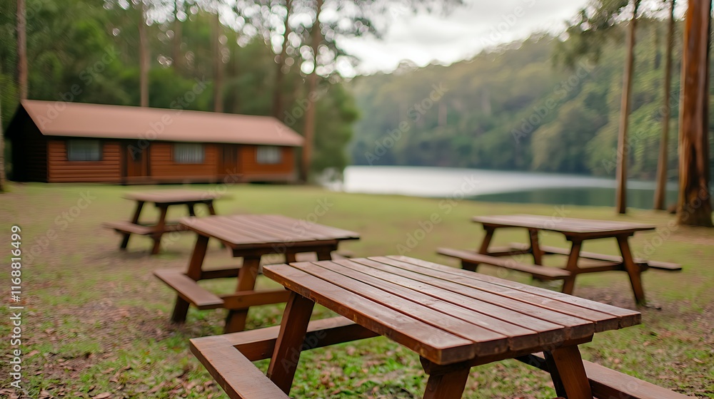 Wooden picnic tables near lake and cabin in forest. Wooden picnic tables near lake and cabin in forest.