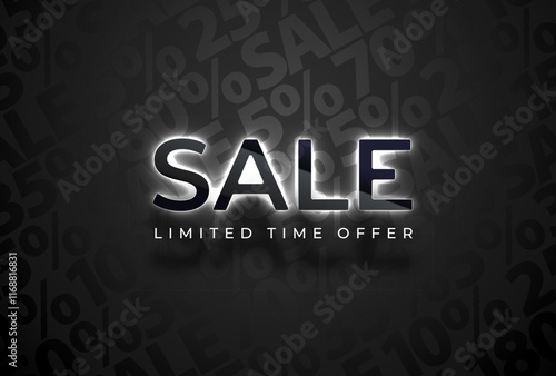 Sale black glossy glass letters with white neon glow backlight on sale vector pattern background. Limited time offer. Simple text geometric graphic print. Marketing Sale luxury advertising poster
