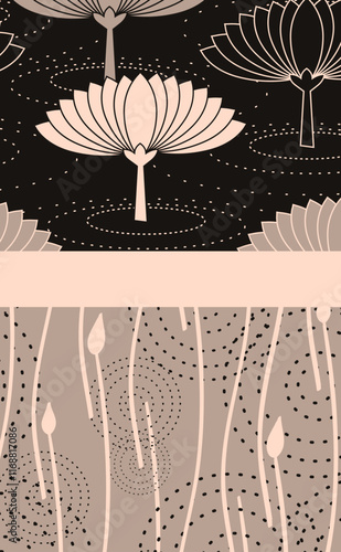 carte de vœux style japonais avec des lotus en boutons et en fleurs dans les tons ivoires et gris
