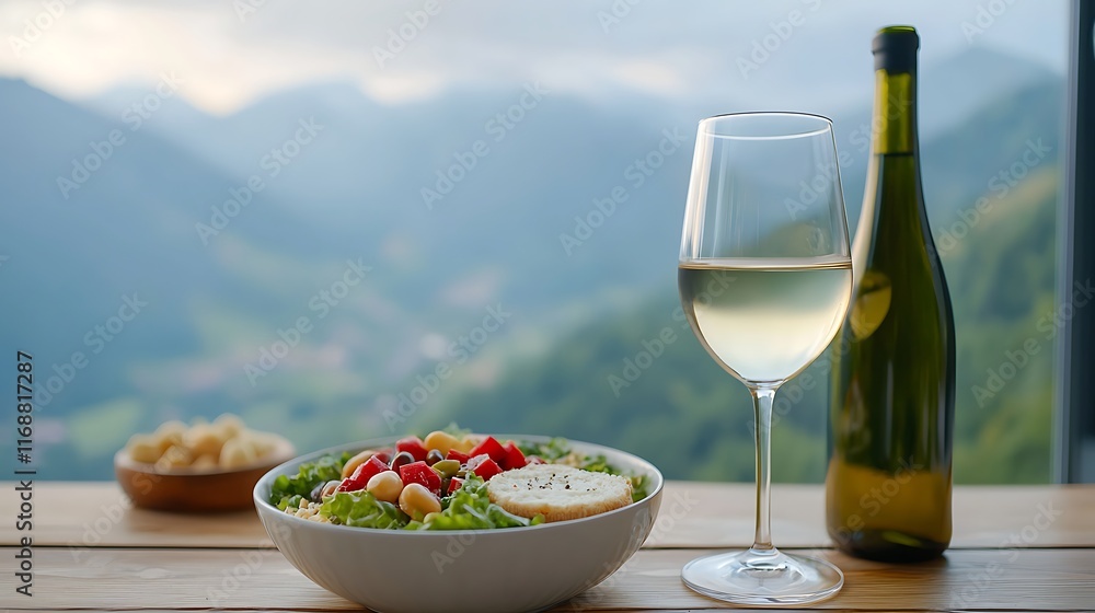 Fresh salad, white wine, and crackers on a balcony overlooking mountains. Fresh salad, white wine, and crackers on a balcony overlooking mountains.