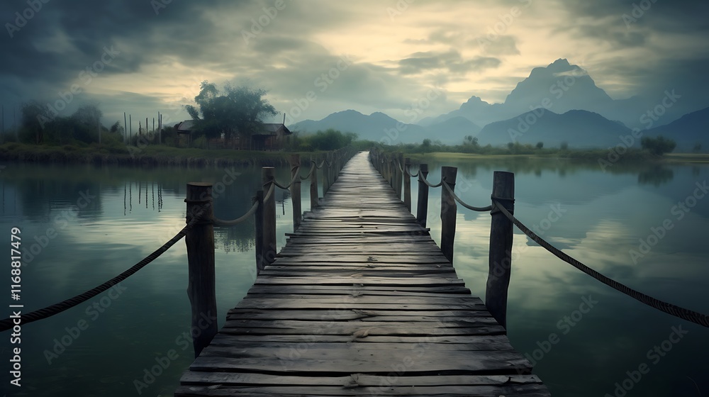 Obraz premium Wooden Bridge Extending to Misty Mountain Lake House
