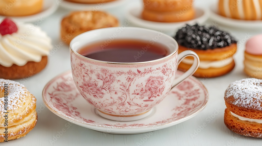 Cup of tea with assorted pastries on a table. Cup of tea with assorted pastries on a table.