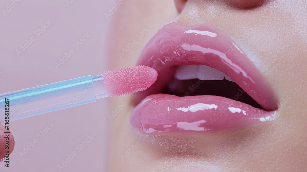 Naklejka premium Glossy Pink Lip Gloss Application on Smooth Lips Close Up
