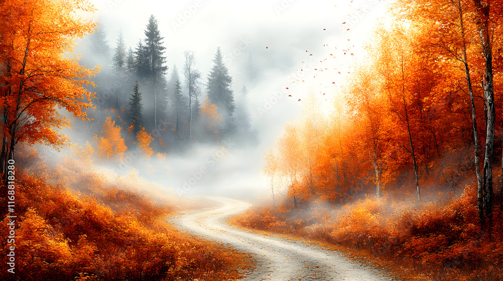 A breathtaking photography of a forest in the peak of fall, with vibrant colors, a winding dirt path, and leaves fluttering down from the trees. A breathtaking photography of a forest in the peak of fall, with vibrant colors, a winding dirt path, and leaves fluttering down from the trees.