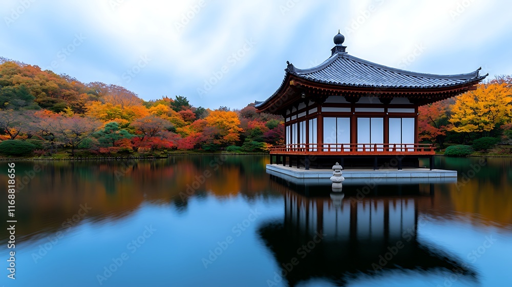 Autumnal Japanese temple pavilion on calm lake, surrounded by colorful trees. Autumnal Japanese temple pavilion on calm lake, surrounded by colorful trees.