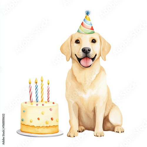 cheerful dog wearing party hat sits beside birthday cake with candles. Celebrate joyfully